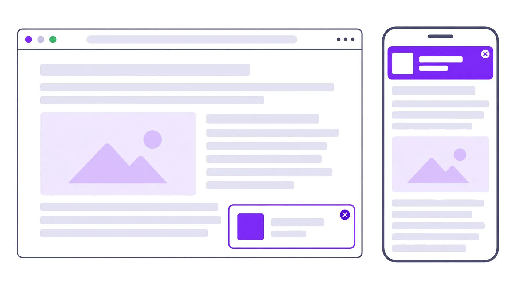 An in-page push ad card in the corner of a desktop article and at the top of a phone screen