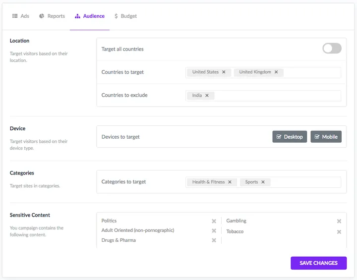 Targeting options in PurpleAds